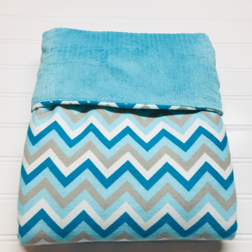 Aqua Chevron Flannel & Chenille Blanket - Picture 3 of 4